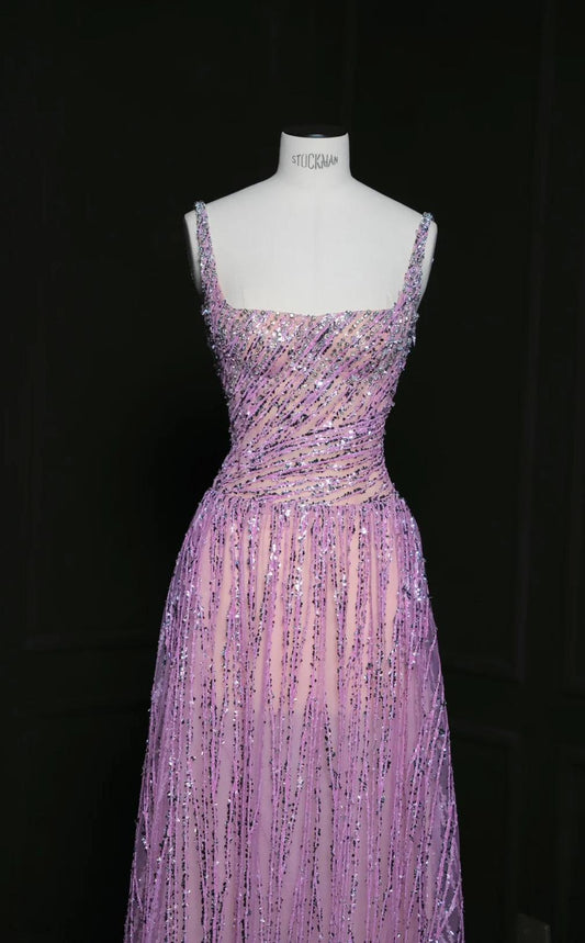 Hermoso vestido de fiesta morado con escote cuadrado y lentejuelas, corte A, para fiesta de cumpleaños, ED02477