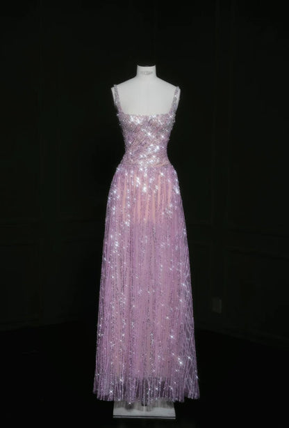 Hermoso vestido de fiesta morado con escote cuadrado y lentejuelas, corte A, para fiesta de cumpleaños, ED02477