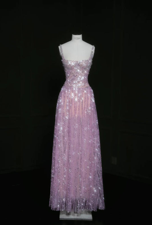 Hermoso vestido de fiesta morado con escote cuadrado y lentejuelas, corte A, para fiesta de cumpleaños, ED02477