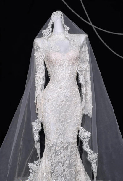 Elegant White Turtleneck Lace Beaded Mermaid Long Sleeve Trailing Wedding Dress ED02479
