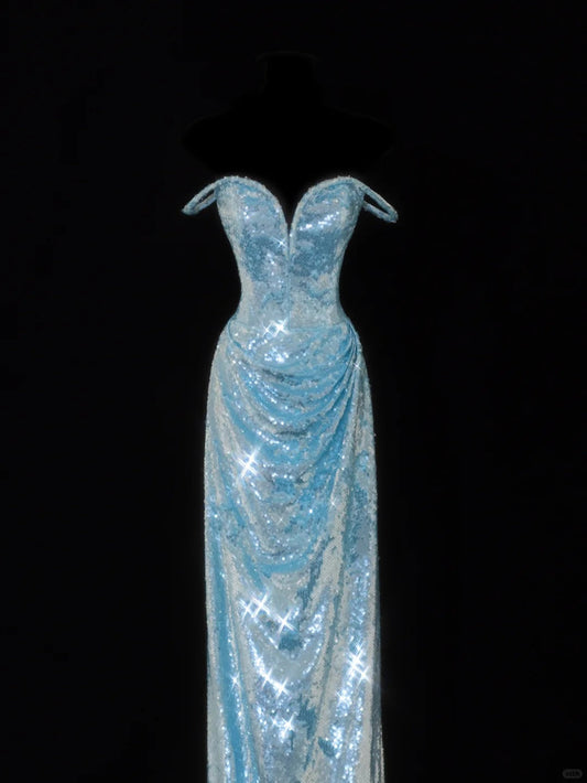 Vestido de fiesta largo con lentejuelas y hombros descubiertos en azul Tiffany, estilo glamuroso, vestido formal de noche ED02484