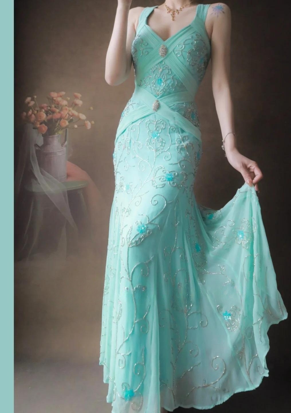Hermoso vestido de fiesta largo de gasa estilo sirena con escote en V y cuentas en azul Tiffany, sin espalda, vestido de noche formal ED02496