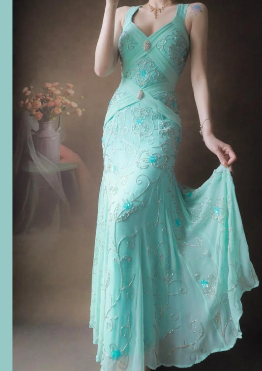 Hermoso vestido de fiesta largo de gasa estilo sirena con escote en V y cuentas en azul Tiffany, sin espalda, vestido de noche formal ED02496