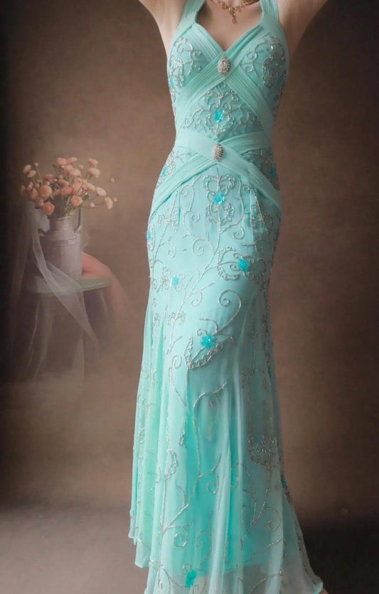 Hermoso vestido de fiesta largo de gasa estilo sirena con escote en V y cuentas en azul Tiffany, sin espalda, vestido de noche formal ED02496