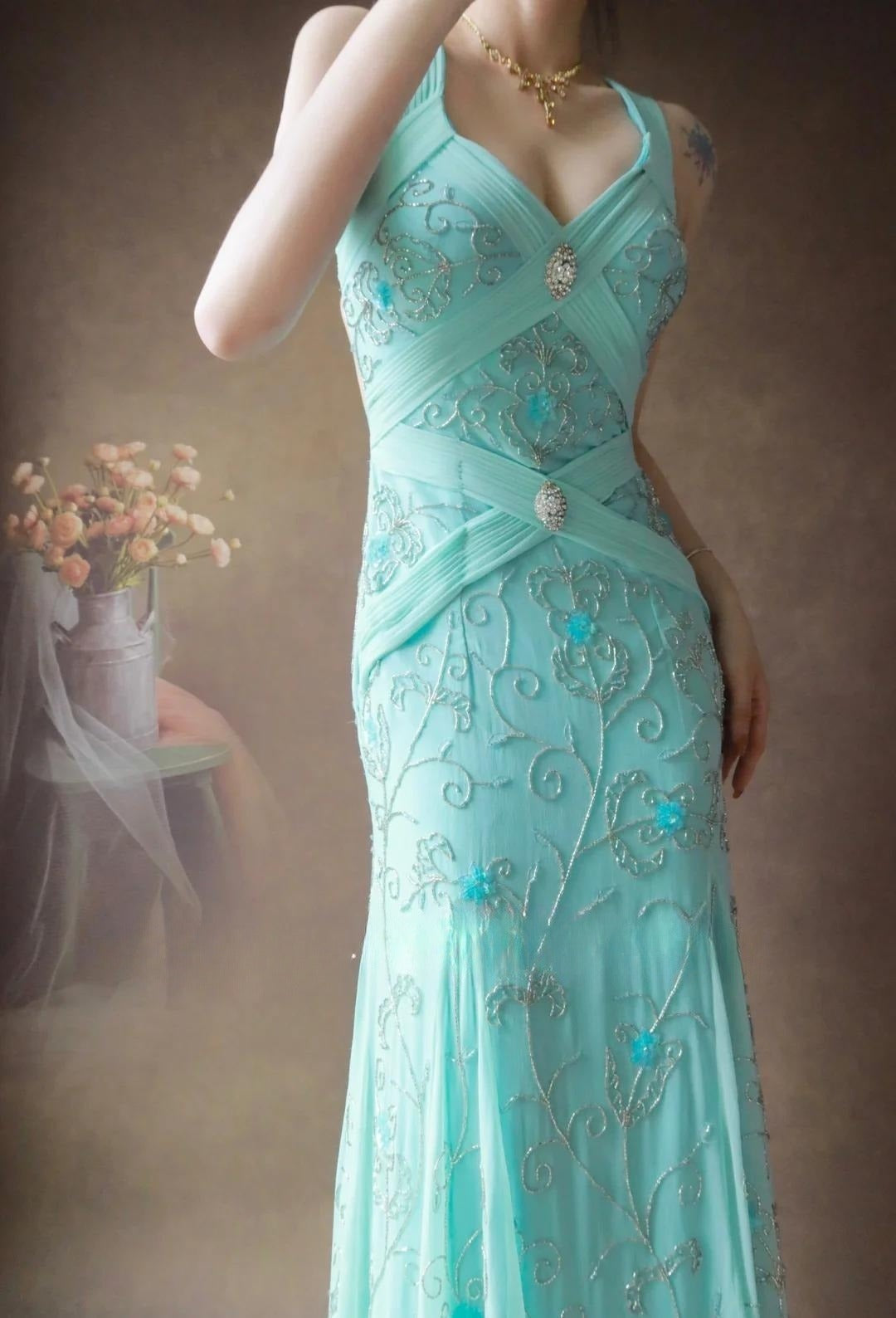 Hermoso vestido de fiesta largo de gasa estilo sirena con escote en V y cuentas en azul Tiffany, sin espalda, vestido de noche formal ED02496