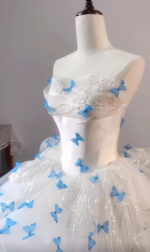 Fairytale White Strapless Tulle A-Line Train Wedding Dress with 3D Butterflies ED02497
