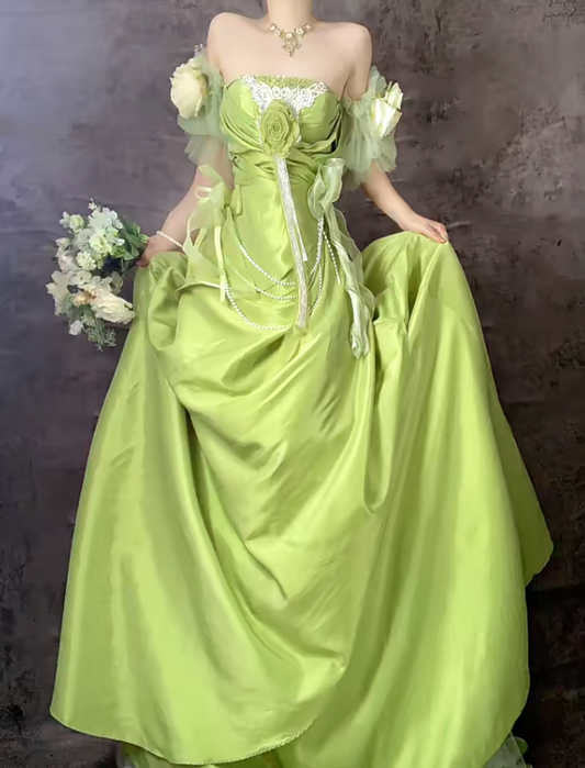 Vestidos de fiesta largos de satén verde dulce con hombros descubiertos y corte A, vestidos de noche formales ED02498