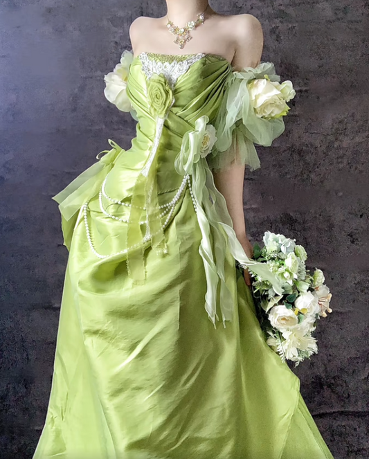 Vestidos de fiesta largos de satén verde dulce con hombros descubiertos y corte A, vestidos de noche formales ED02498