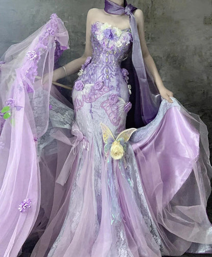 Hermoso vestido de fiesta largo de tul con apliques y corte sirena sin tirantes en morado para quinceañeras ED02501