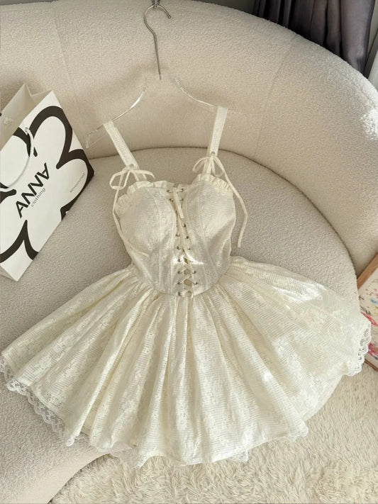 Vestidos de fiesta cortos de encaje, sencillos, con tirantes finos, color blanco roto, corte A, para regreso a casa, ED02508