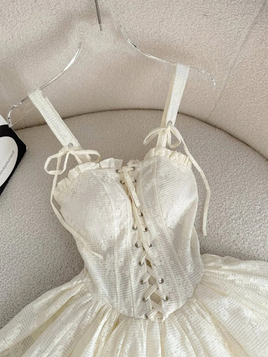 Vestidos de fiesta cortos de encaje, sencillos, con tirantes finos, color blanco roto, corte A, para regreso a casa, ED02508