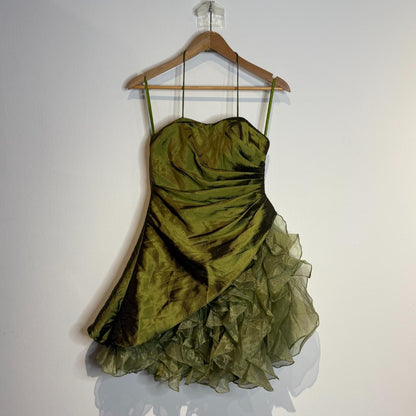Vestidos de fiesta cortos de satén y tul con tirantes finos en verde oscuro, a la moda, ED02509