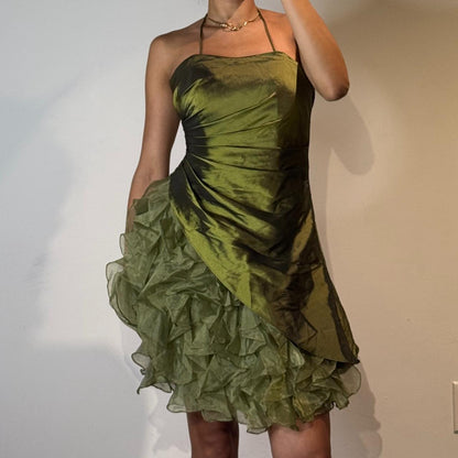 Vestidos de fiesta cortos de satén y tul con tirantes finos en verde oscuro, a la moda, ED02509