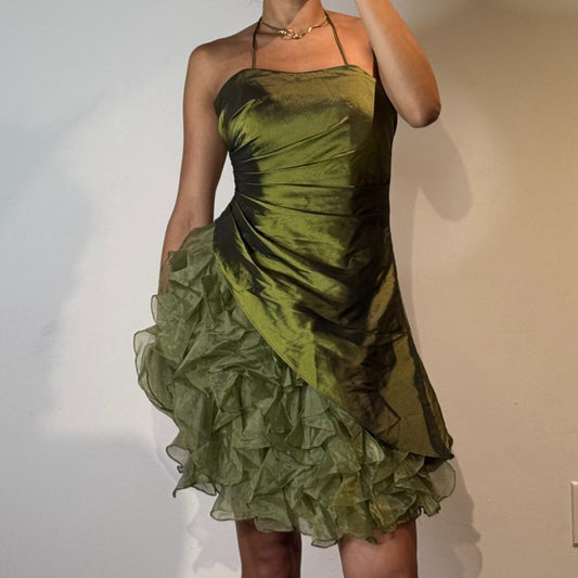 Vestidos de fiesta cortos de satén y tul con tirantes finos en verde oscuro, a la moda, ED02509