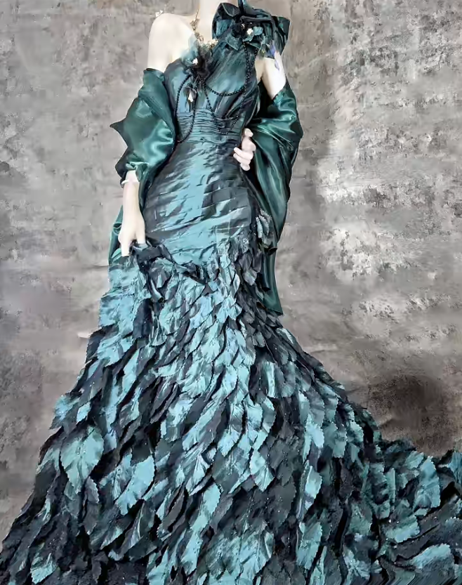 Hermosos vestidos de fiesta largos de tafetán con corte sirena, un hombro, color verde azulado, vestidos de noche formales ED02513