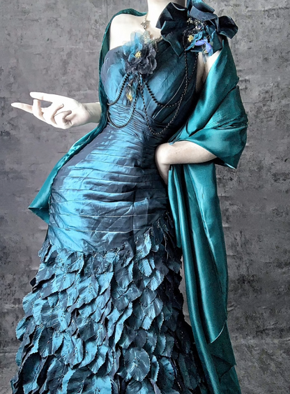 Hermosos vestidos de fiesta largos de tafetán con corte sirena, un hombro, color verde azulado, vestidos de noche formales ED02513