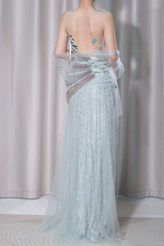 Stunning Light Green V-Neck Tulle A-Line Lace Sequins Prom Dresses Formal Backless Evening Gowns ED02515