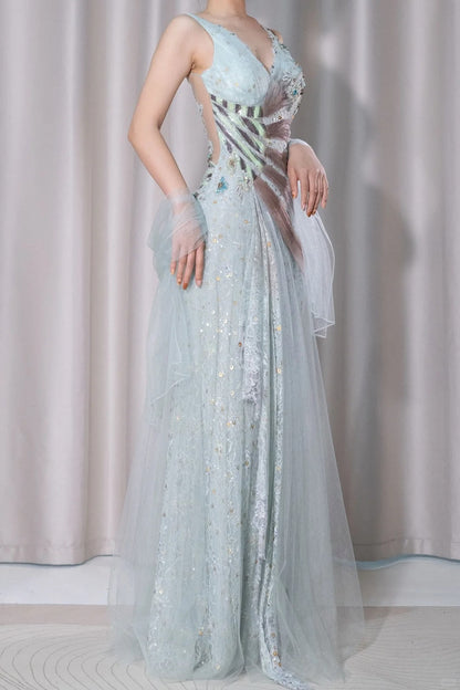 Stunning Light Green V-Neck Tulle A-Line Lace Sequins Prom Dresses Formal Backless Evening Gowns ED02515