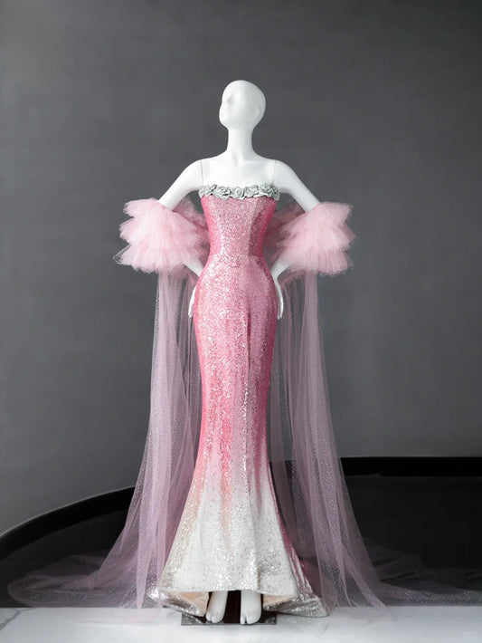 Gorgeous Pink Strapless Mermaid Sequin Long Prom Dresses Formal Evening Gowns ED02518