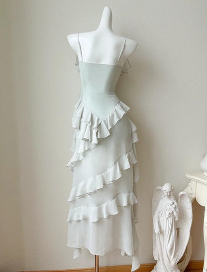 Vestido de fiesta de gasa con tirantes finos de cuento de hadas, corte alto y bajo, vestidos de graduación cortos ED02522