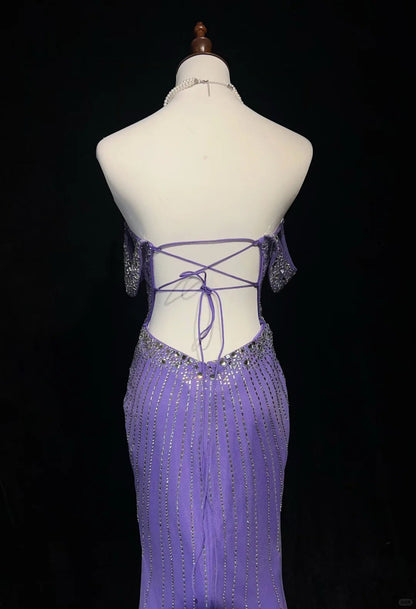 Hermoso vestido de fiesta largo de tul con hombros descubiertos y diamantes de imitación en color morado, vestido formal de noche ED02552