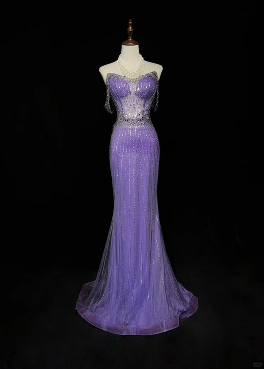 Hermoso vestido de fiesta largo de tul con hombros descubiertos y diamantes de imitación en color morado, vestido formal de noche ED02552