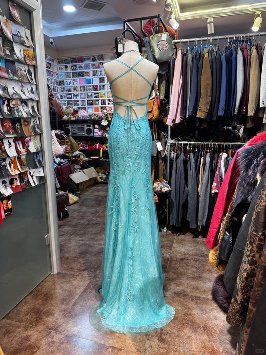 Hermoso vestido de fiesta largo con escote cuadrado y apliques de tul color turquesa, estilo sirena, sin espalda, formal, ED02554