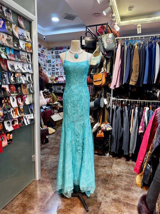 Hermoso vestido de fiesta largo con escote cuadrado y apliques de tul color turquesa, estilo sirena, sin espalda, formal, ED02554