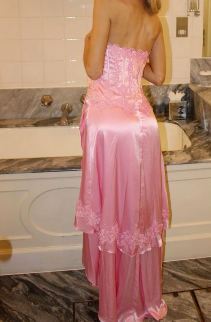 Vestidos de fiesta de satén con apliques de encaje y escote palabra de honor en rosa dulce, sin tirantes, ED02557