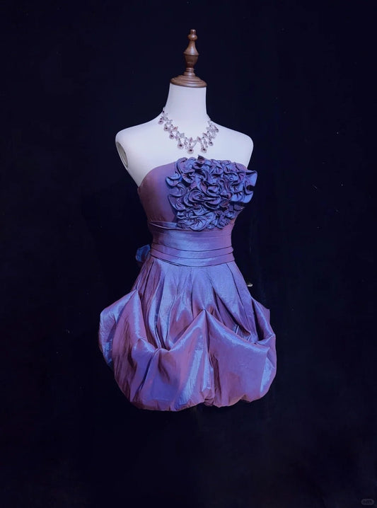 Impresionantes vestidos de fiesta cortos de tafetán morados, sin tirantes, corte A, vestidos de bienvenida ED02573