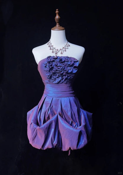Impresionantes vestidos de fiesta cortos de tafetán morados, sin tirantes, corte A, vestidos de bienvenida ED02573