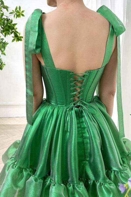 Vestidos de fiesta cortos de gasa verde dulce sin tirantes, corte A, vestidos de regreso a casa ED02574