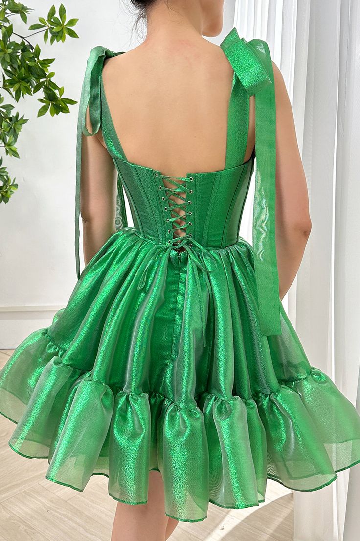 Vestidos de fiesta cortos de gasa verde dulce sin tirantes, corte A, vestidos de regreso a casa ED02574