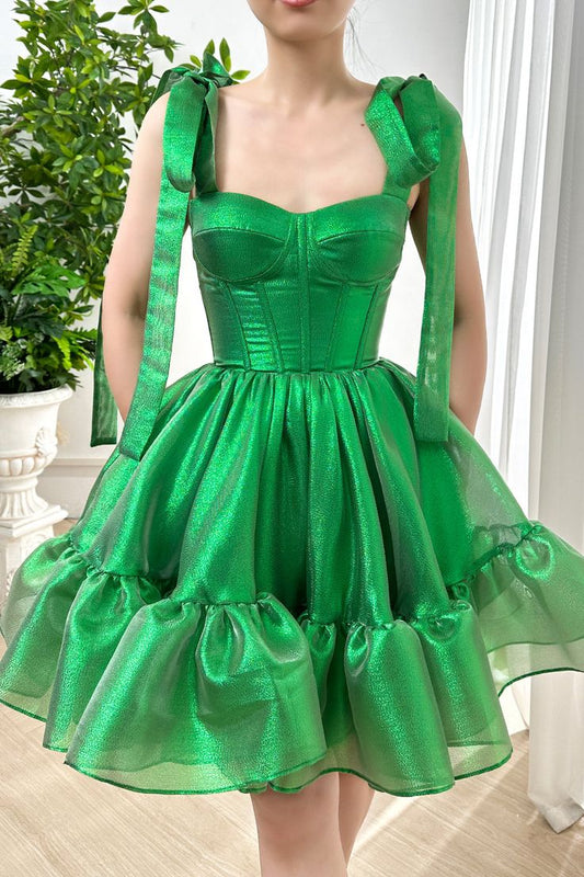 Vestidos de fiesta cortos de gasa verde dulce sin tirantes, corte A, vestidos de regreso a casa ED02574