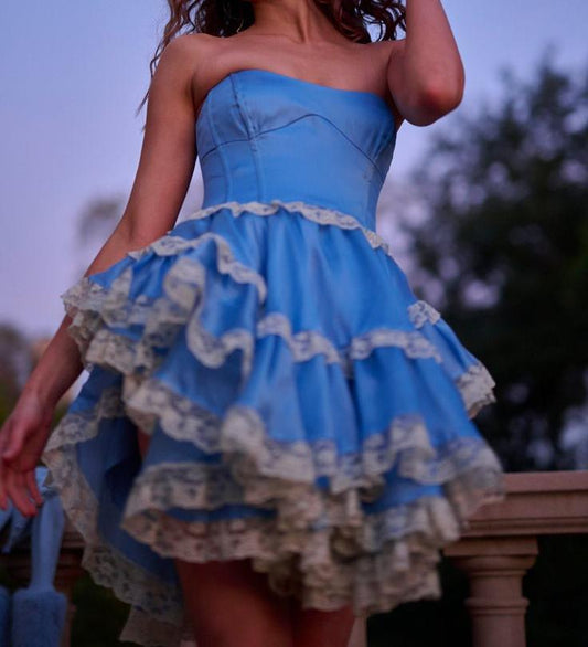 Vestido de fiesta corto azul dulce sin tirantes, corte A, de satén y encaje, vestido de bienvenida ED02576
