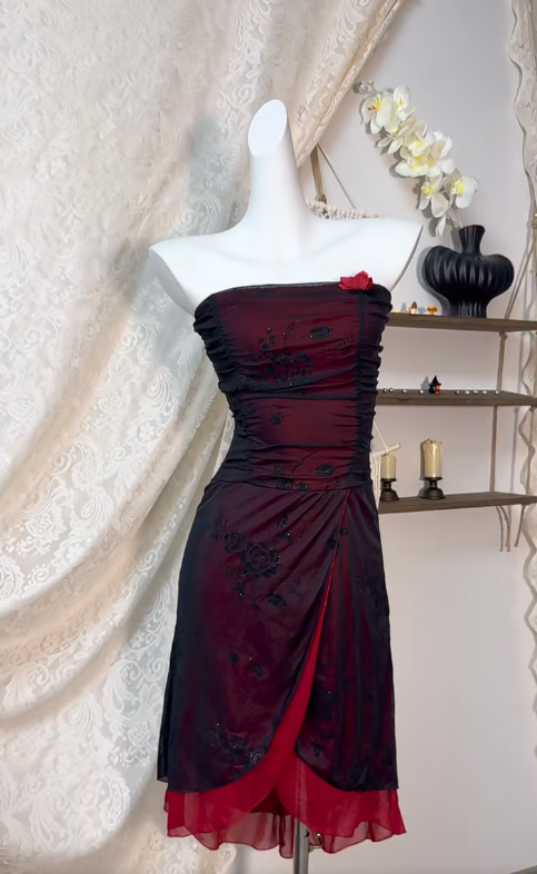 Elegante vestido de fiesta negro de gasa, sin tirantes, ajustado, corto, para regreso a casa, ED02580