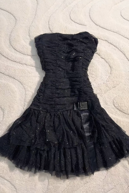 Y2K Black Strapless A-Line Glitter Tulle Short Prom Dress Homecoming Dresses ED02581