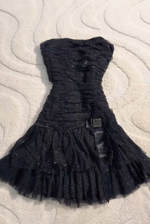Vestido de fiesta corto de tul con purpurina, sin tirantes, color negro Y2K, corte A, para regreso a casa, ED02581
