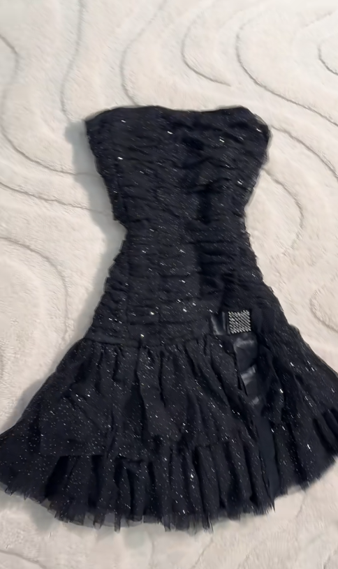 Vestido de fiesta corto de tul con purpurina, sin tirantes, color negro Y2K, corte A, para regreso a casa, ED02581