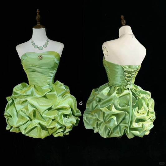 Vestido de fiesta corto de satén verde sin tirantes, corte A, para regreso a casa, ED02584