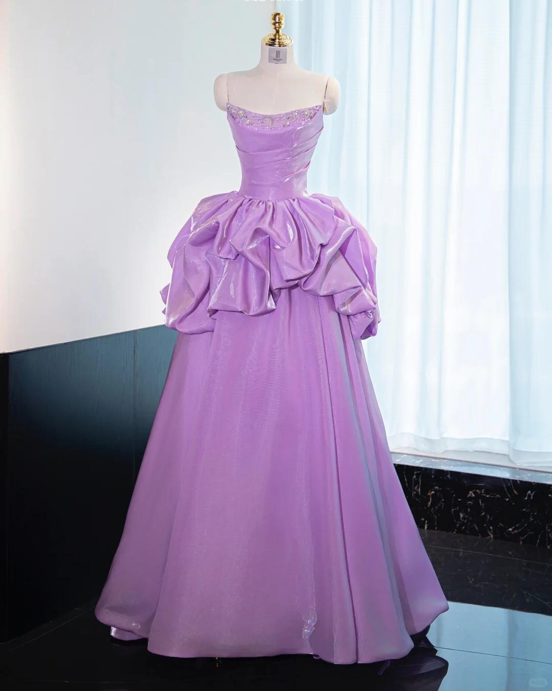 Precioso vestido de fiesta largo de satén morado sin tirantes, corte A, vestido formal de noche ED02586