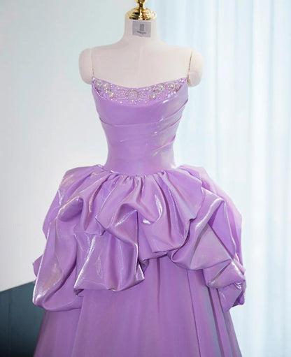 Precioso vestido de fiesta largo de satén morado sin tirantes, corte A, vestido formal de noche ED02586