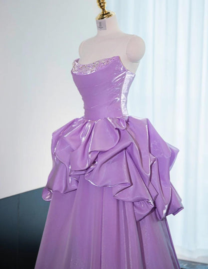Precioso vestido de fiesta largo de satén morado sin tirantes, corte A, vestido formal de noche ED02586