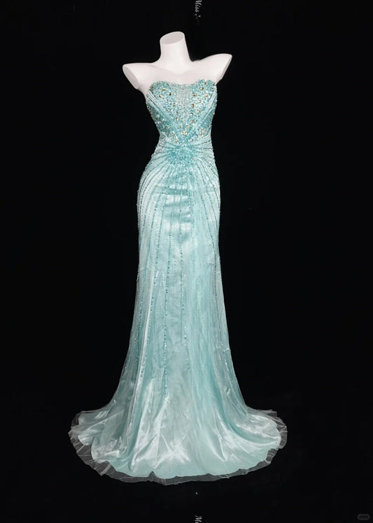 Hermoso vestido de fiesta largo de satén sirena sin tirantes azul Tiffany con cuentas, vestidos de noche formales ED02590