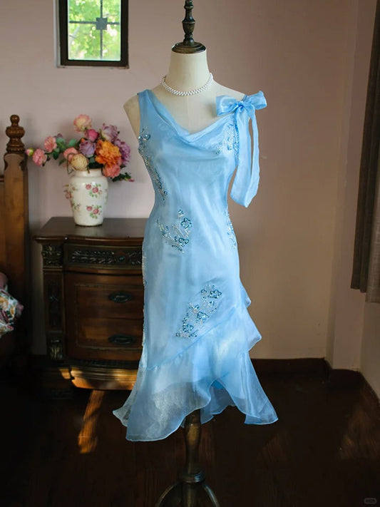 Elegante vestido de fiesta azul asimétrico de gasa, ajustado, corto y con cuentas, ED02591