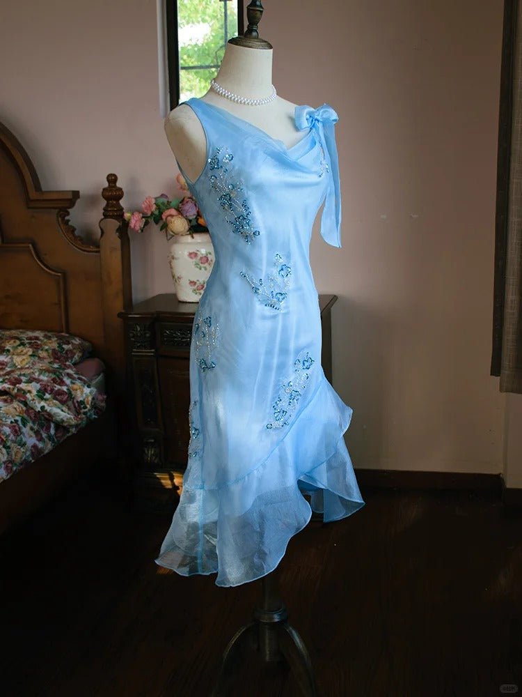 Elegante vestido de fiesta azul asimétrico de gasa, ajustado, corto y con cuentas, ED02591