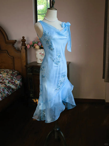 Elegante vestido de fiesta azul asimétrico de gasa, ajustado, corto y con cuentas, ED02591