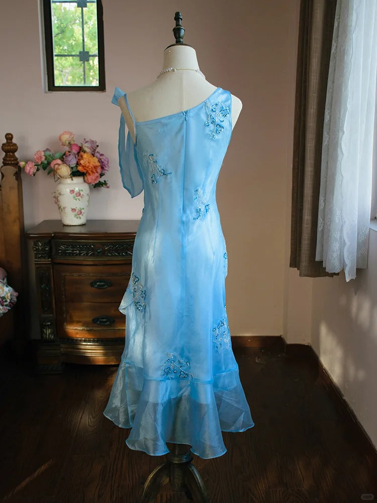 Elegante vestido de fiesta azul asimétrico de gasa, ajustado, corto y con cuentas, ED02591