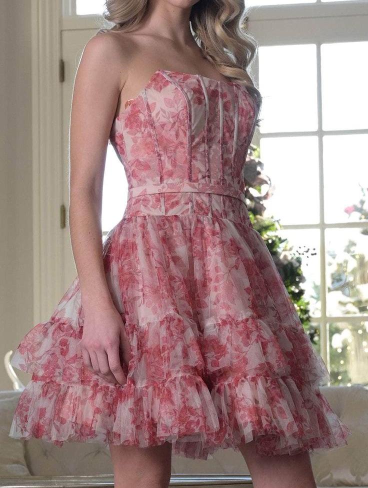 Vestido de fiesta corto de tul estampado, corte A, sin tirantes, color azul dulce, ED02596