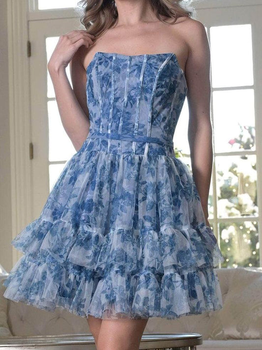 Vestido de fiesta corto de tul estampado, corte A, sin tirantes, color azul dulce, ED02596
